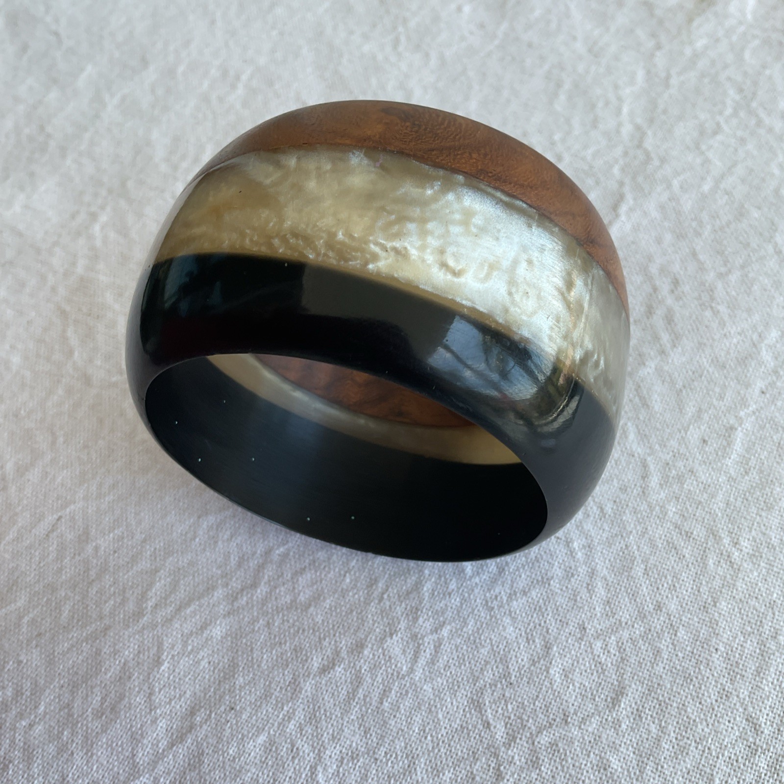 Wide Wood Resin Iridescent Shell-Like Center Inlay Cuff Bracelet Bangle Boho