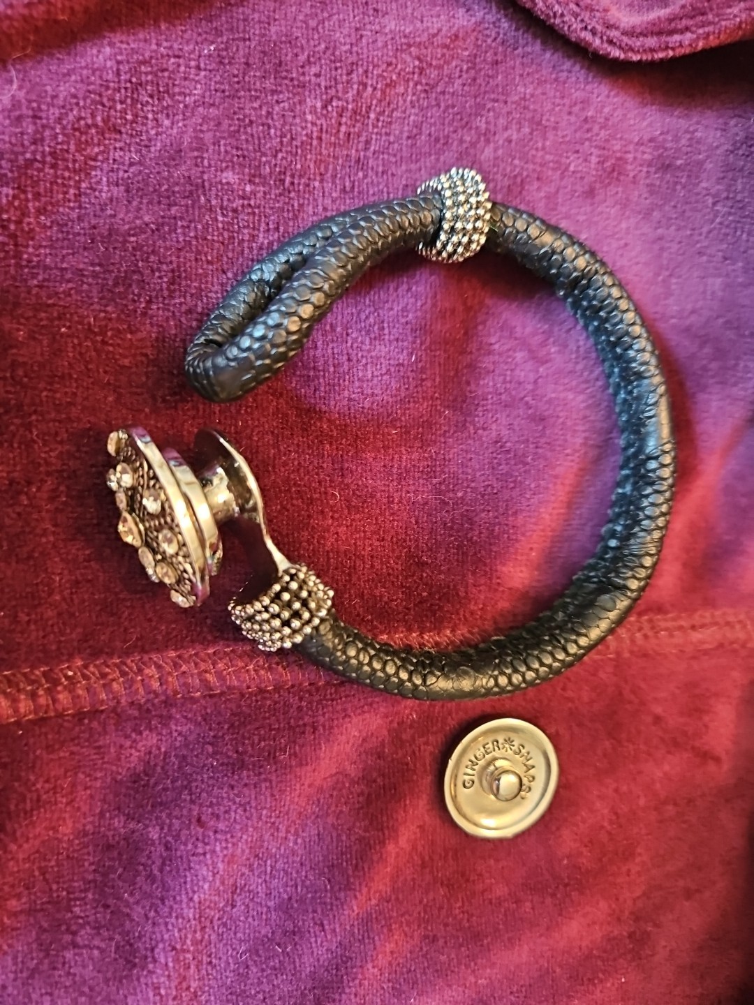 Gingersnaps Black Leather Braided Cord Bracelet Pink Enamel Dogwood Snap 7″