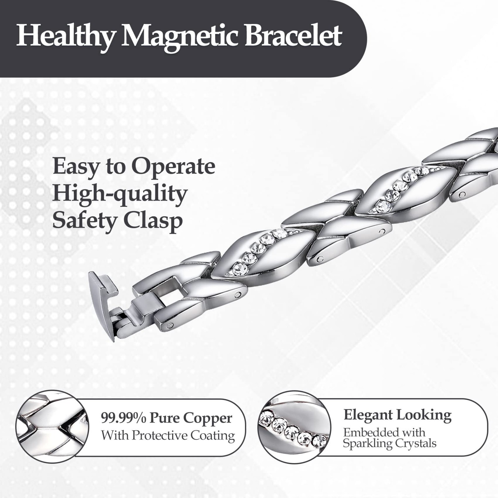 Women’s Magnetic Pure Copper Bracelet–3500 Gauss Magnets, Adjustable Sparkling