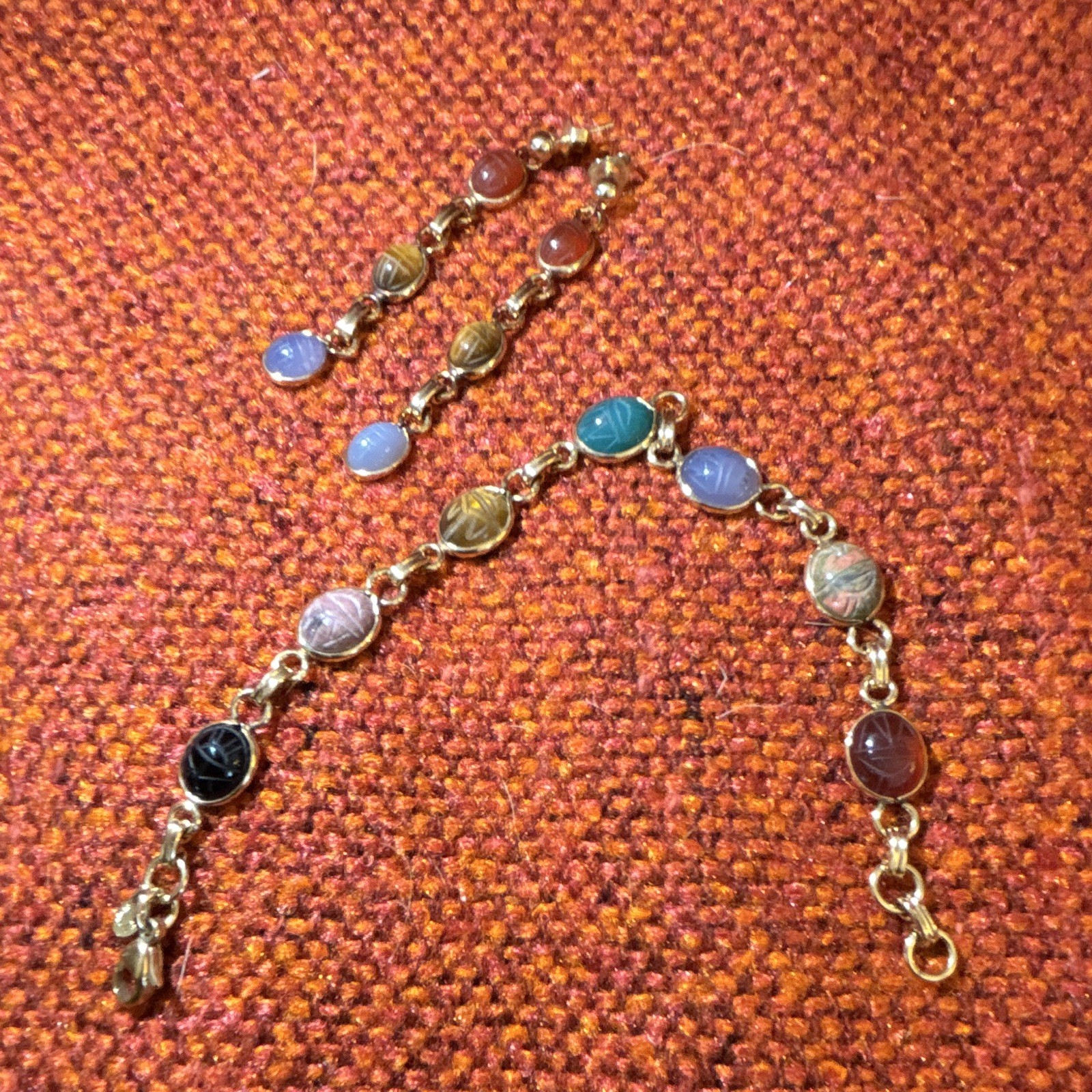 Carla Co. stamped tag 14k GF scarab stone bracelet and dangle earring set