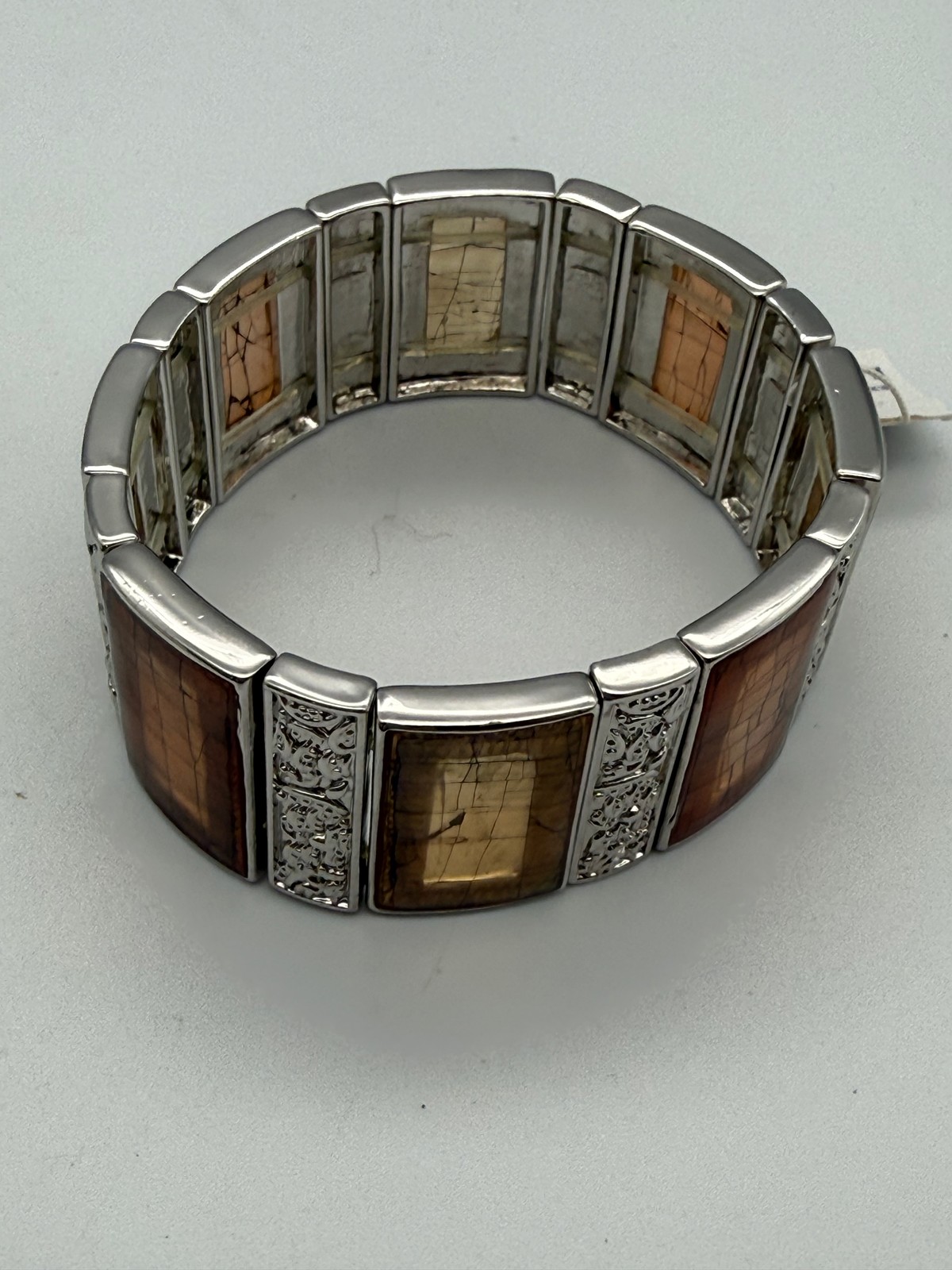 Lia Sophia Wide Stretch Cuff Bracelet Orange Brown Stones Silver Tone NWT