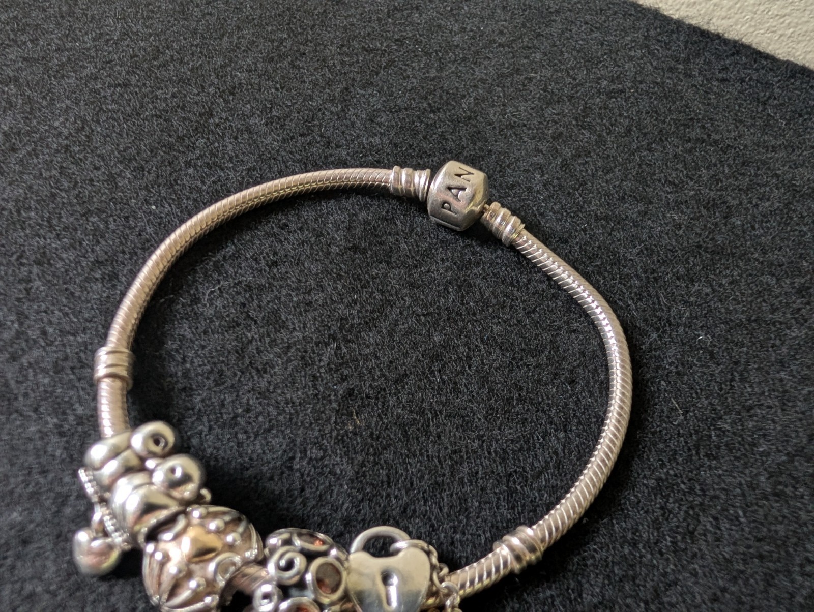 PANDORA Sterling Silver Snake Chain Charm Bracelet With 4 “Love” Themed Charms