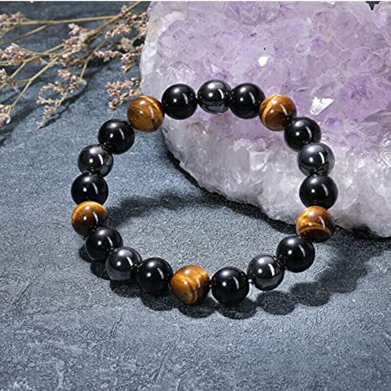 2 PCS Tiger Eye Natural Stone Obsidian 8mm Beaded Bracelet Men Women Jewelry