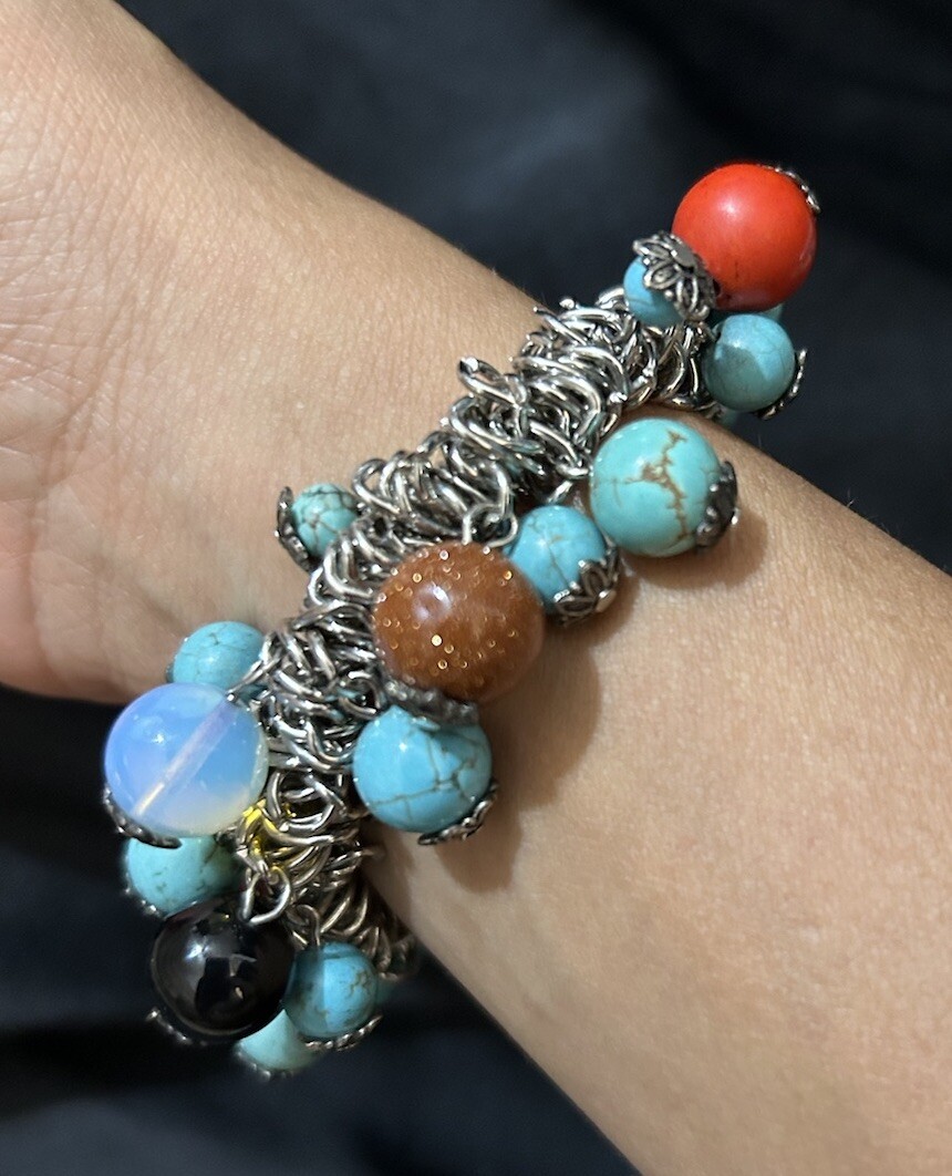 Beads Stones Bracelet M/Large Turquoise Blue Red Stretchy Silver Toned Bangle