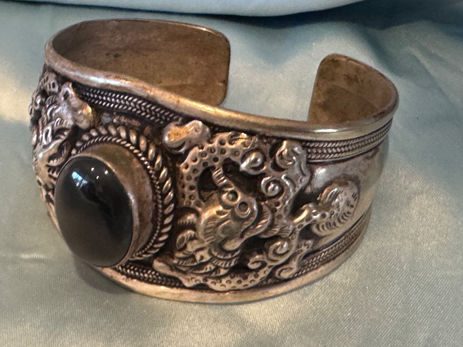 Cuff Bracelet Tibetan Nepal Silver Plated Embossed Dragons Onyx Oval Stone