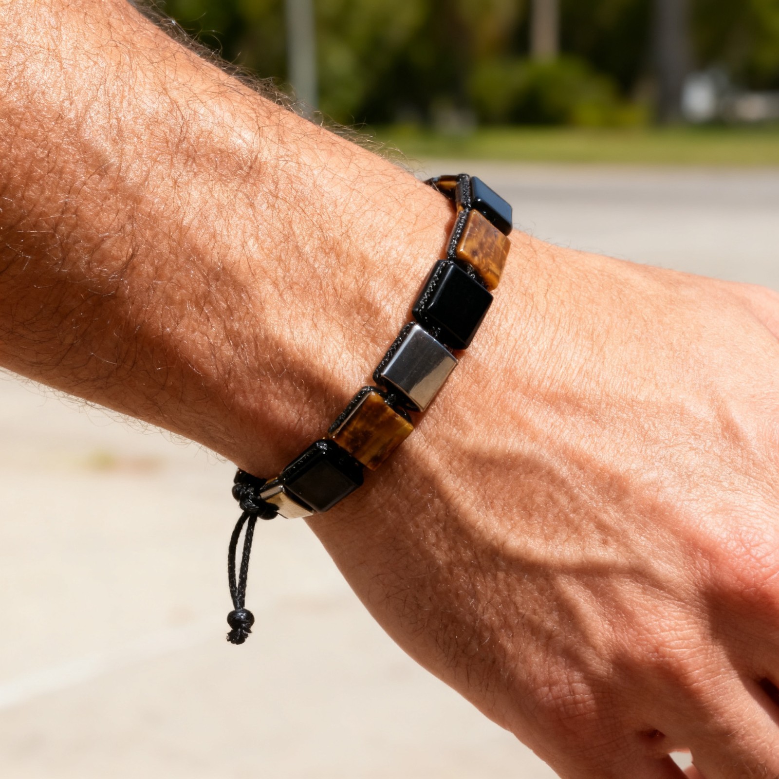 Triple Protection Men Bracelet Tiger’s Eye Hematite Obsidian Square Bead Jewelry