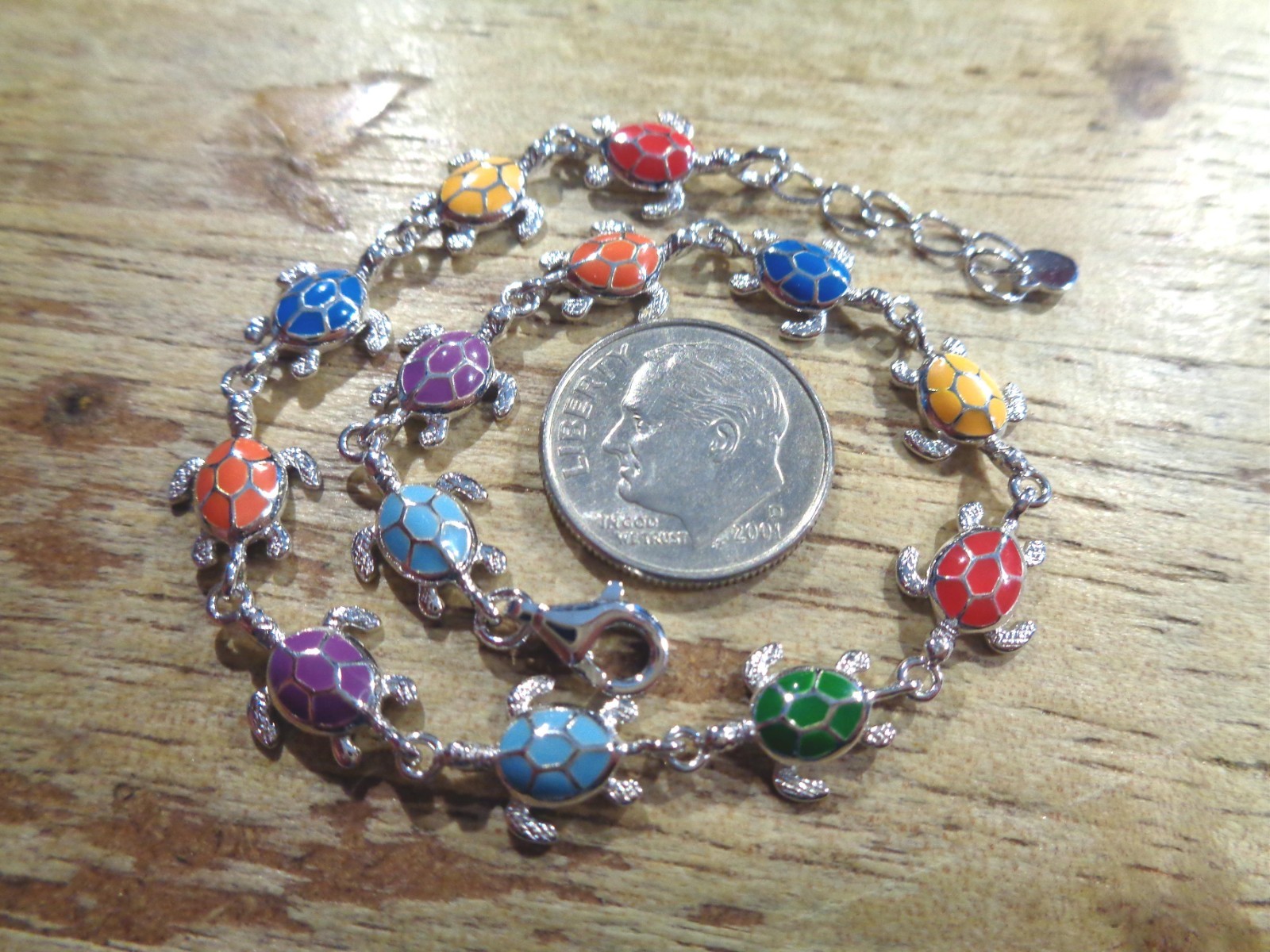 8.5MM RHODIUM 925 STER SILVER INLAID MIXED ENAMEL HAWAIIAN HONU TURTLE BRACELET