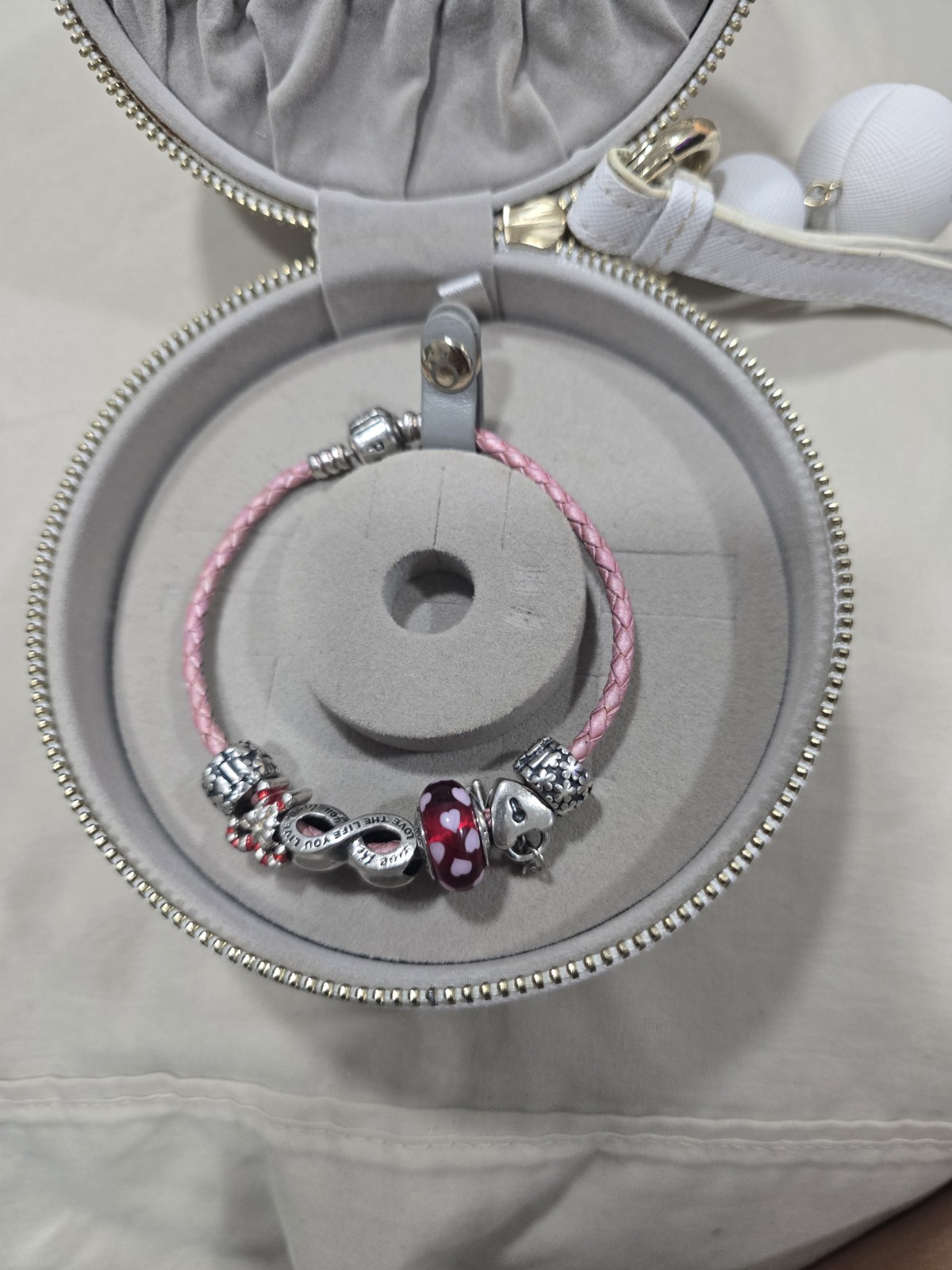 Authentic Pandora Pink Leather Bracelet w/ 6 Charms & Travel Case 925 ALE