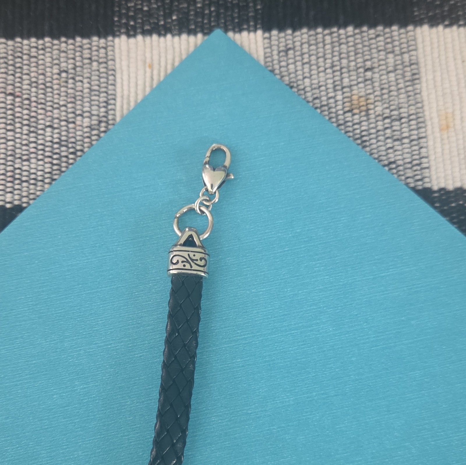 Braided Black Leather Bracelet Silver-Tone Heart Dangle Charm Lobster Clasp