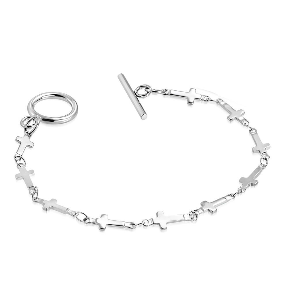 Stainless Steel Silver-Tone Cross Religious Link Bracelet Toggle Clasp