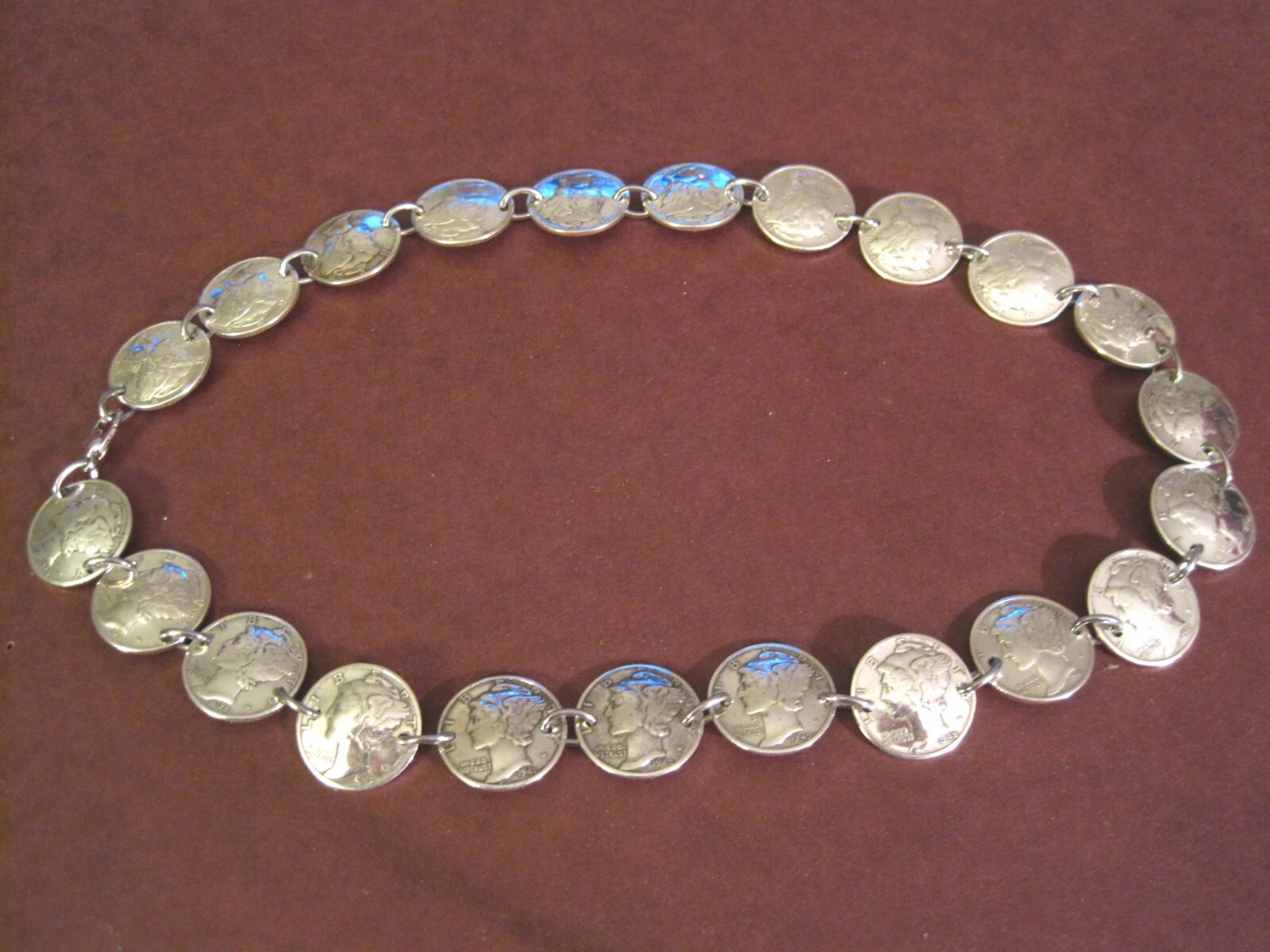 Silver Mercury dime linked necklace~nicely domed- all face-18″-free shipping