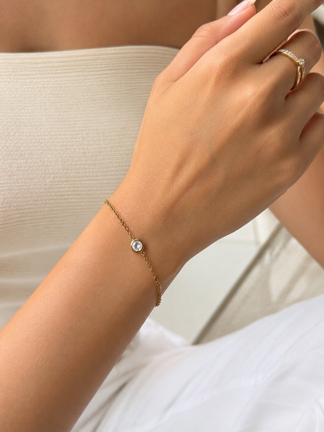 Minimalist Gold Bracelet, Dainty CZ Chain Bracelet, Bezel Set Crystal Bracelet