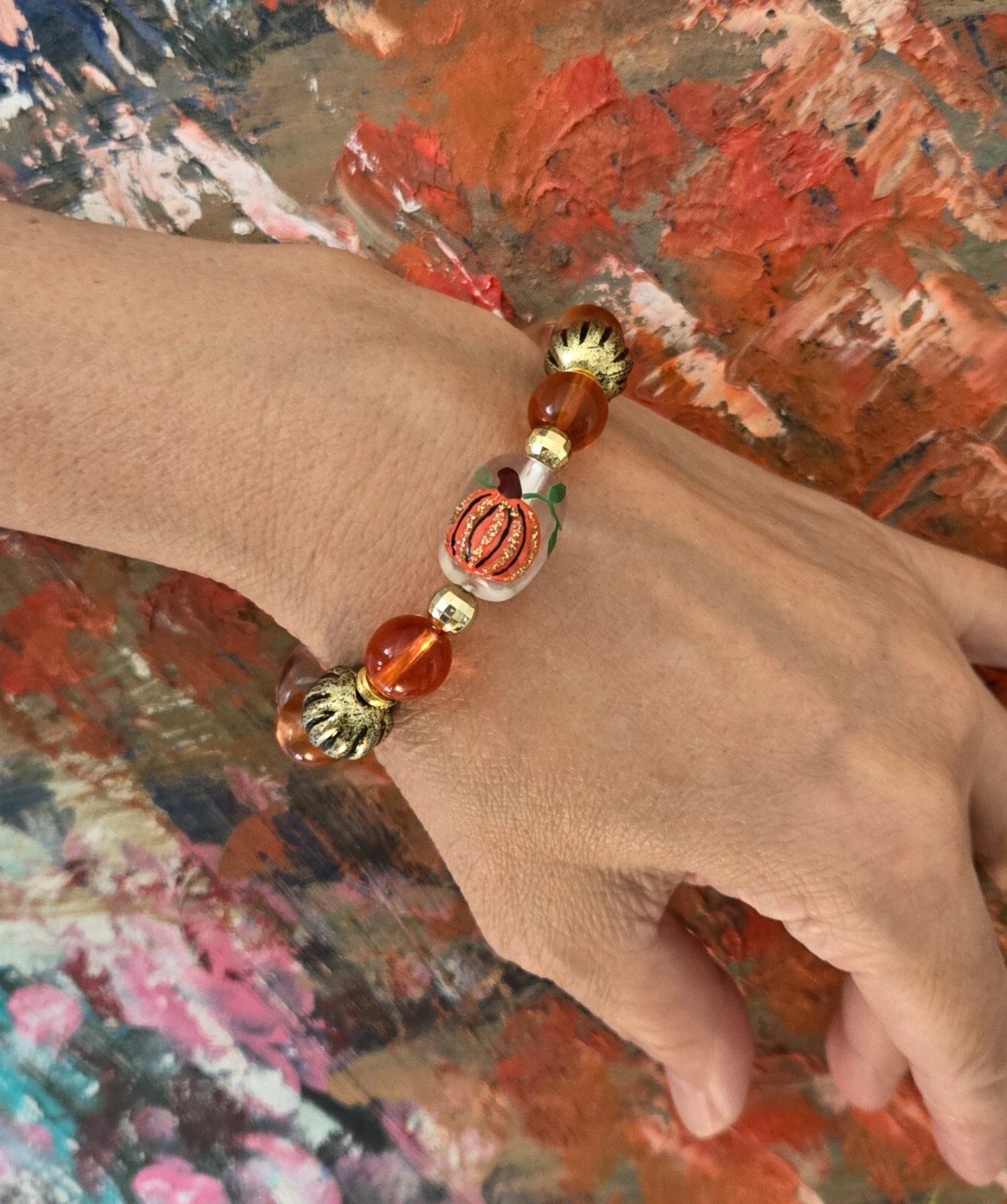 Fall Bracelet Pumpkin Maple Leaf Harvest Jewelry Beaded Gold Orange Brown