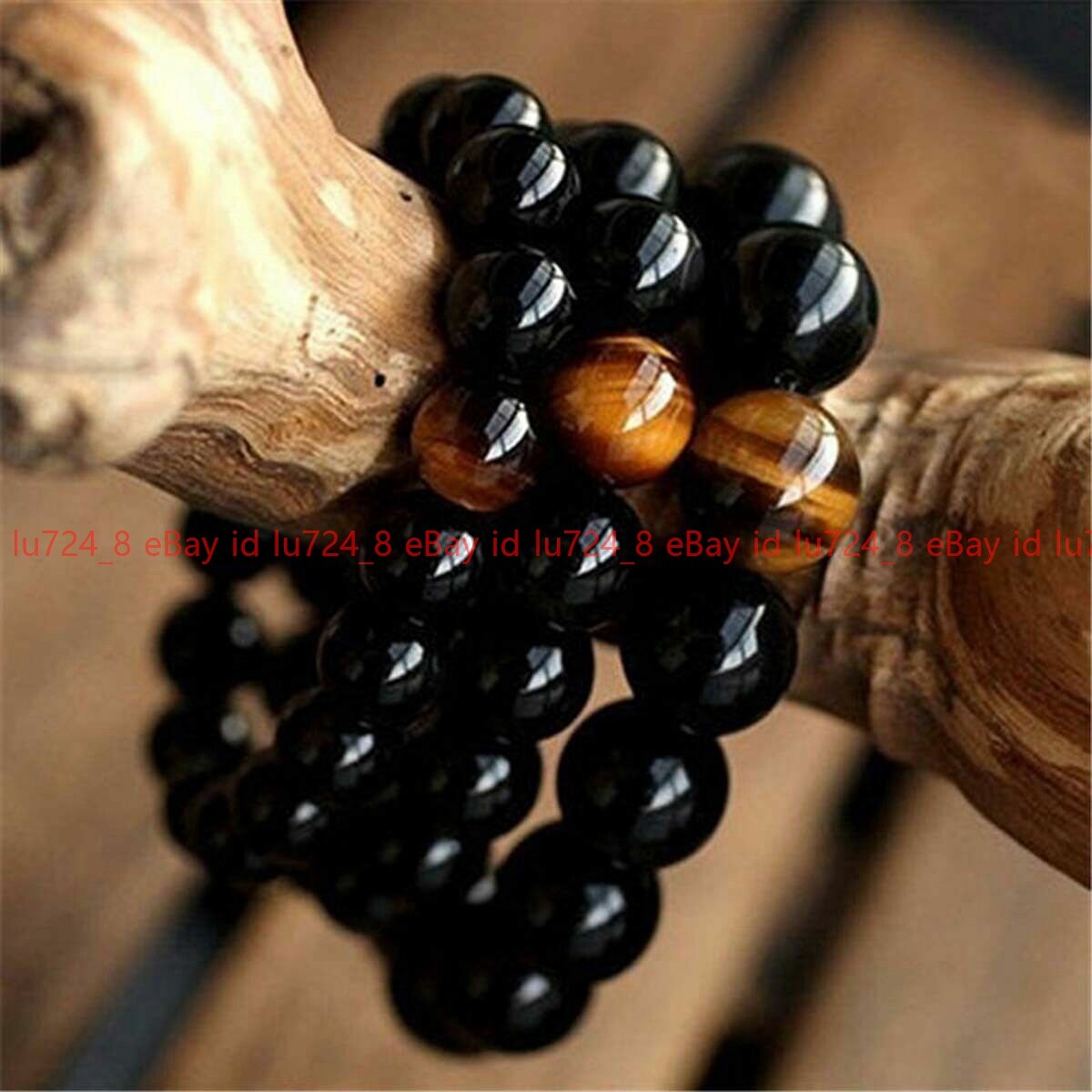 Fashion Black Agate &Yellow Tiger’s Eye Round Gem Beads Elastic Bracelets 7.5”