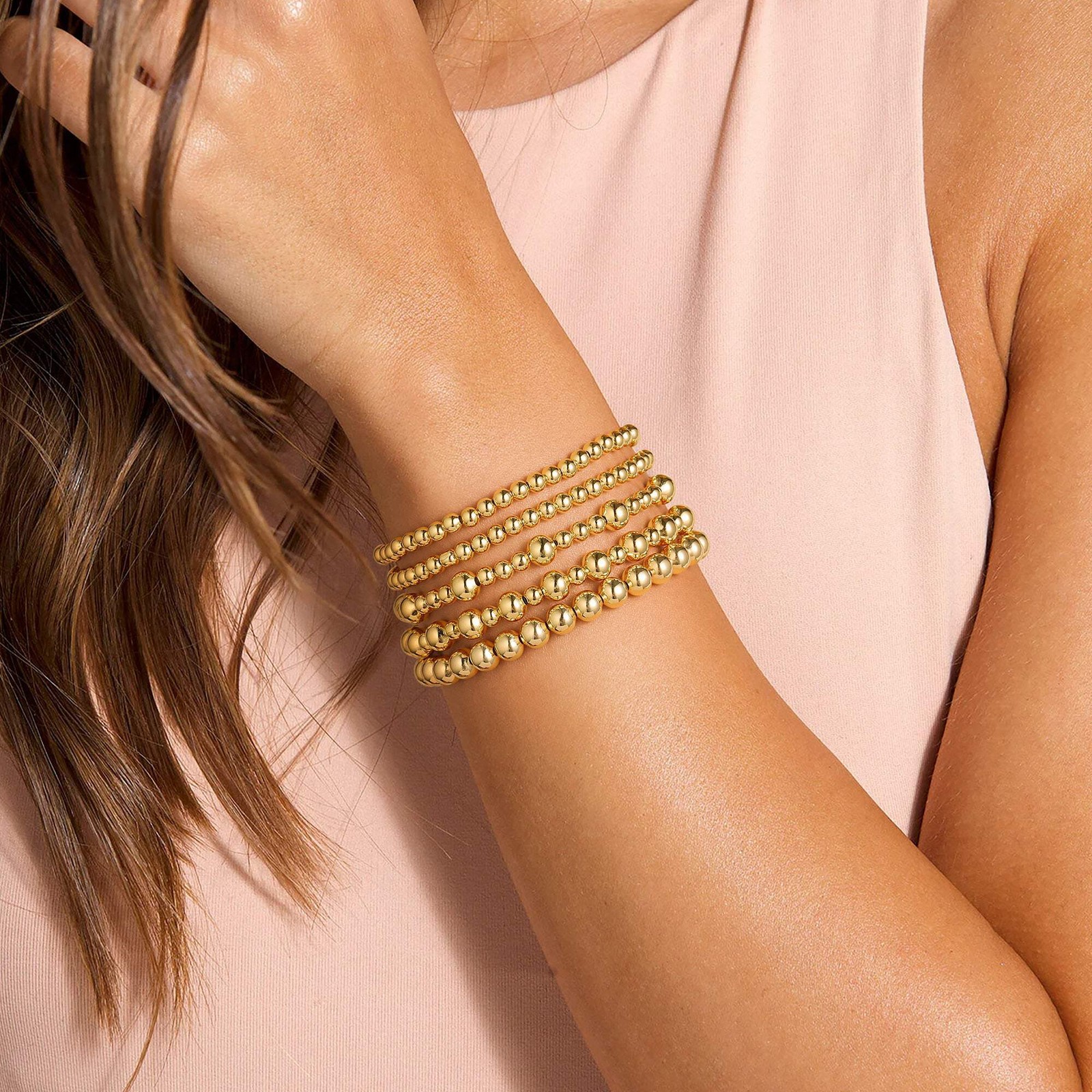 Turandoss 5PCS Gold Stack Pearl Bead Bracelet for Women Girl, Birthday Gift, 7In