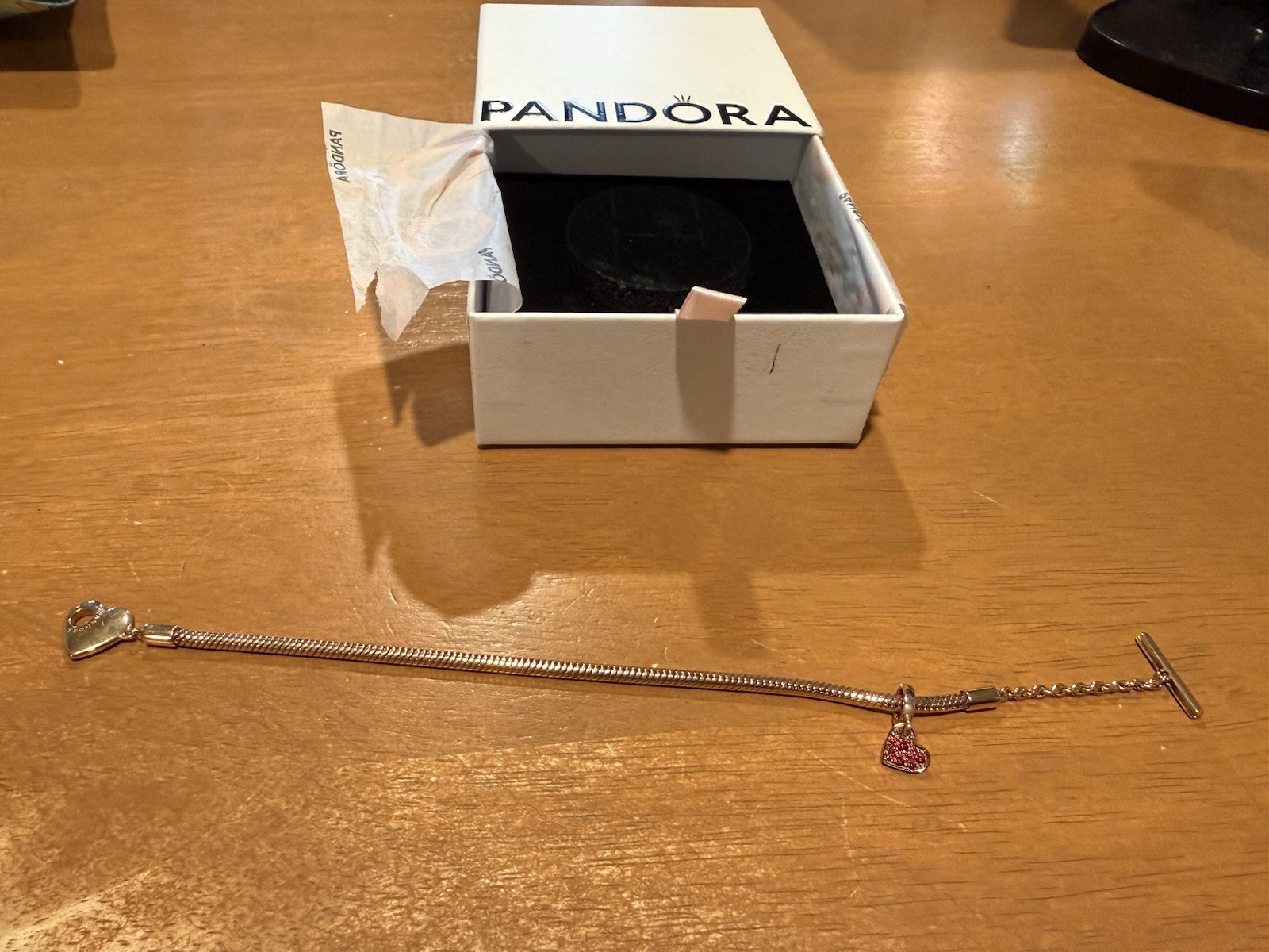 Pandora Moments Heart T-Bar Snake Chain Bracelet- Rose Gold With Heart Charm