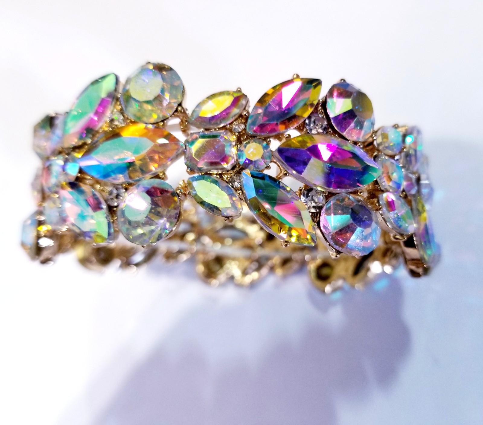 AB Iridescent Gold Rhinestone Stretch Bracelet Crystal Pageant Prom Drag Jewelry