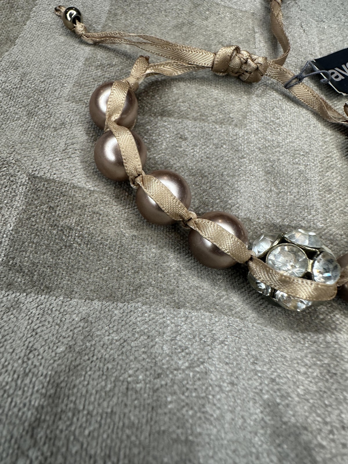 Avenue Bracelet Womens Adjustable Champagne Faux Pearl Gold Ribbon Crystal