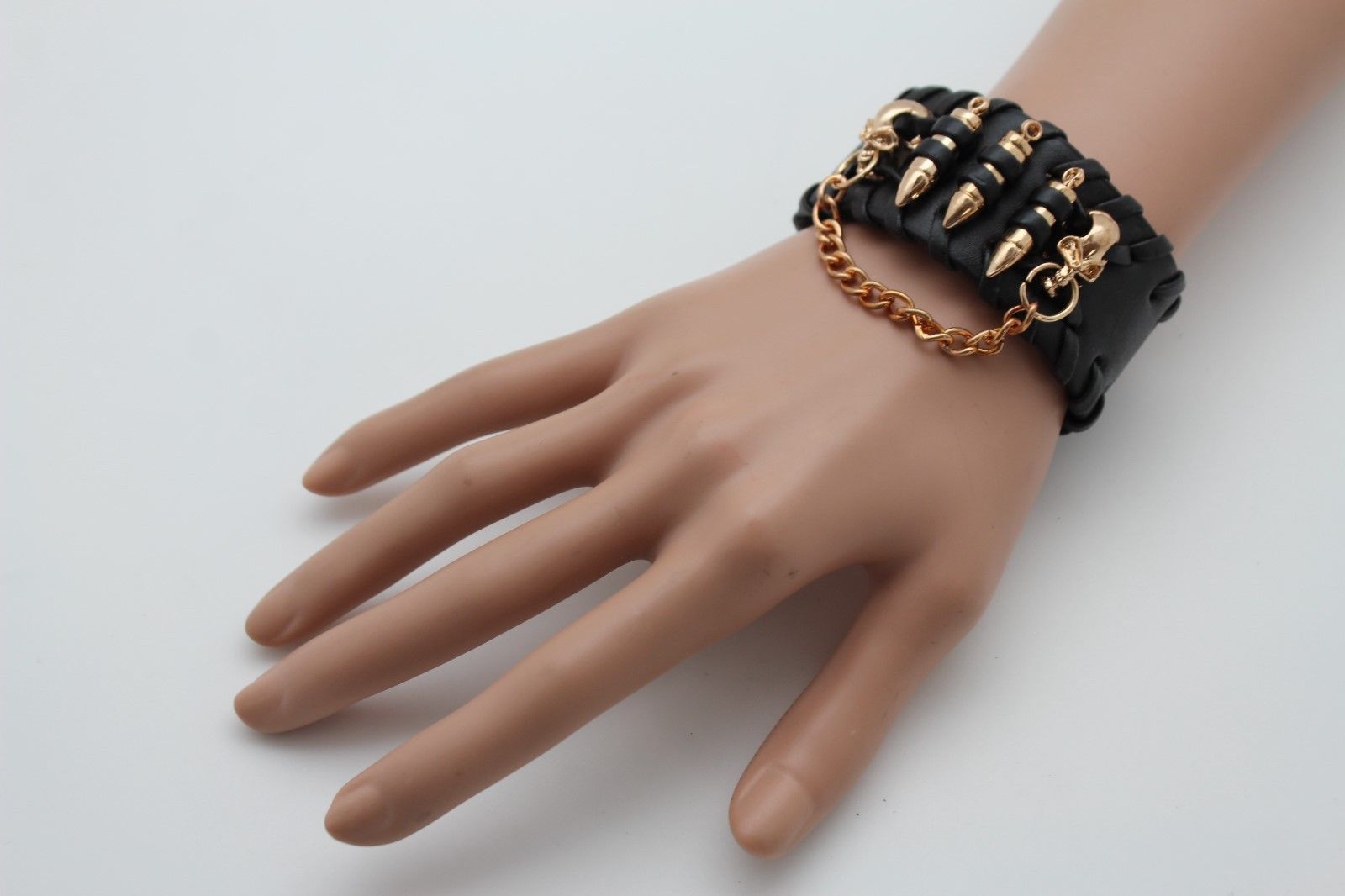 Women Black Faux Leather Bracelet Fashion Gold Metal Chain Mini Skull Bullet Gun