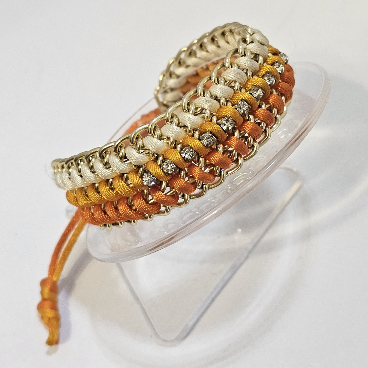 Handmade Woven Cord Chain Bracelet Stack Orange Cream Gold Tone Rhinestones Boho