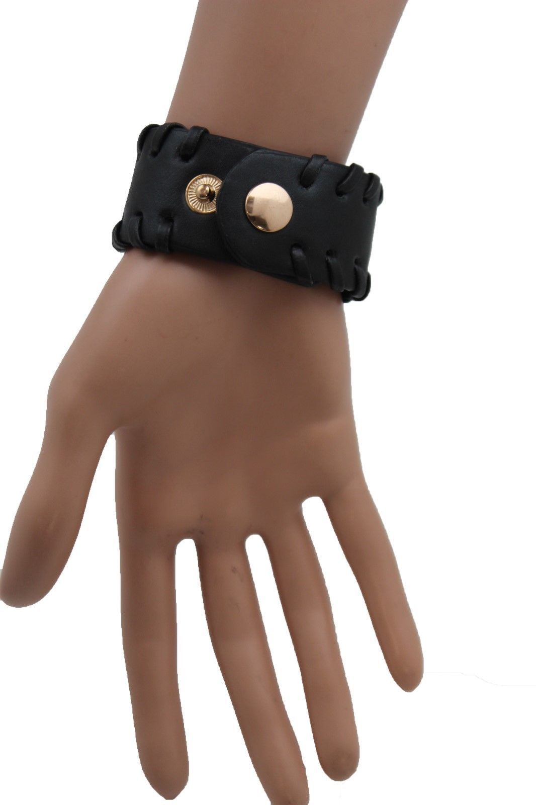 Women Black Faux Leather Bracelet Fashion Gold Metal Chain Mini Skull Bullet Gun