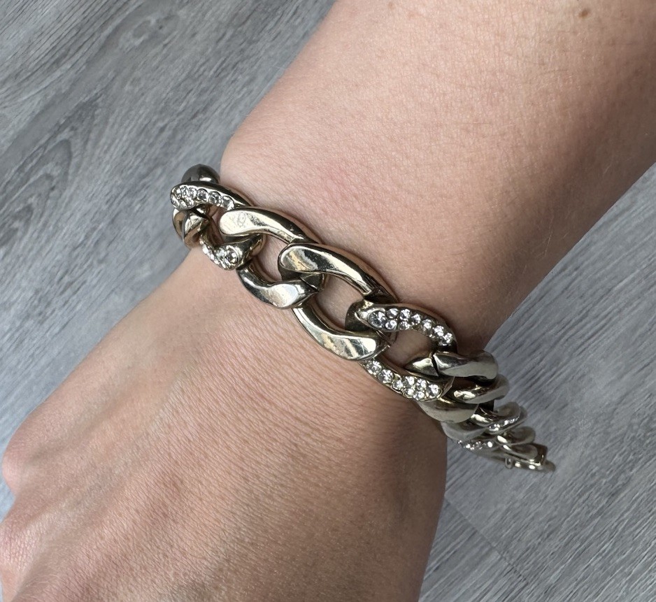 Chunky Silver Gold Tone Link Chain Bracelet Rhinestone Accent Toggle Clasp VS