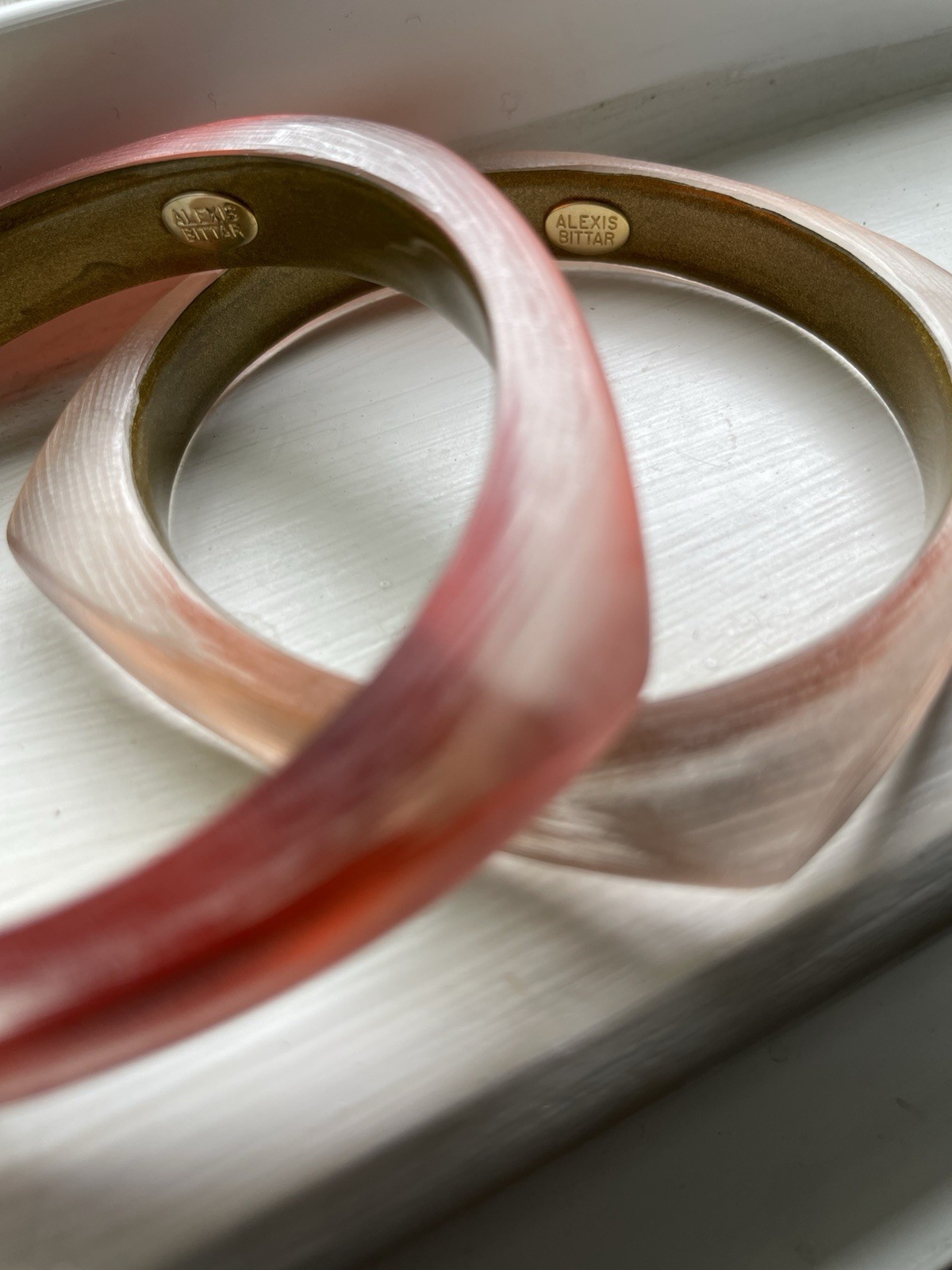 Alexis Bittar Lucite Bangle Set 2 Tapered Sculptural Tangerine Blush Rose Signed