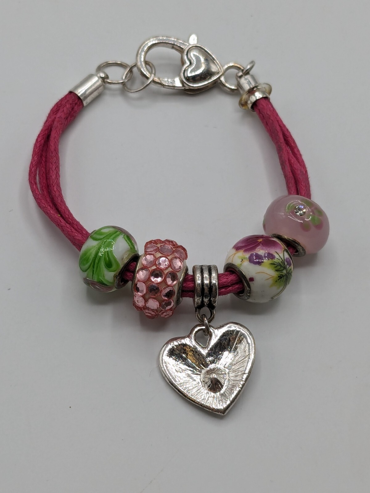 Pink Leather Hear Charm Bracelet Enameled Beads