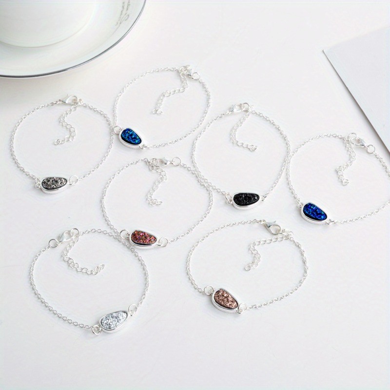 6Pcs Multicolor Bracelets Silver Chain Adjustable Oval Stone Charm Bracelet