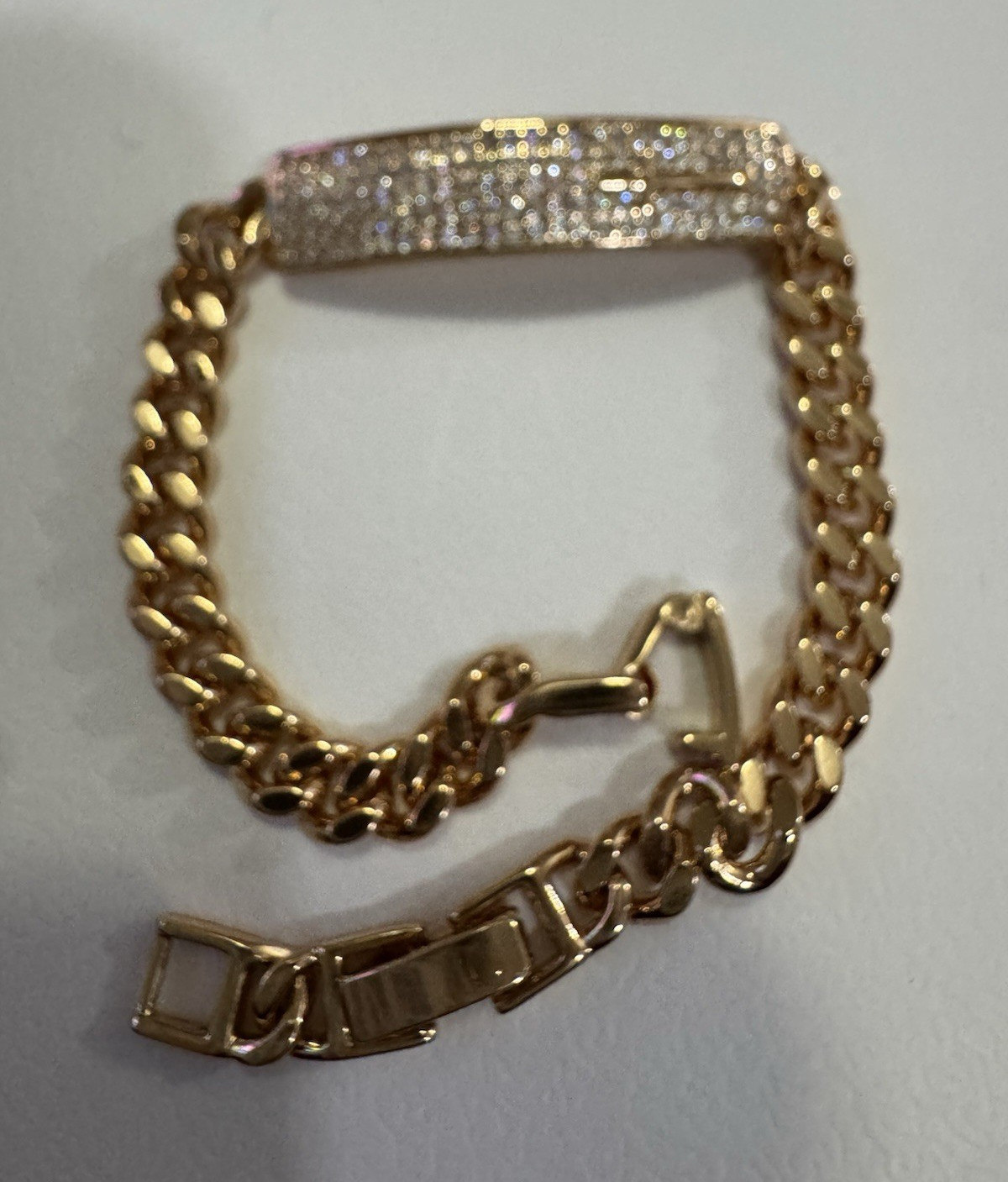 Gold Tone Cuban Link ID Bracelet Pavé Clear Rhinestone Rectangle Plate Box