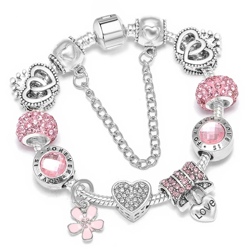 Silver Beaded Heart Bracelet Women Round Layered Link Charm Strand Jewelry
