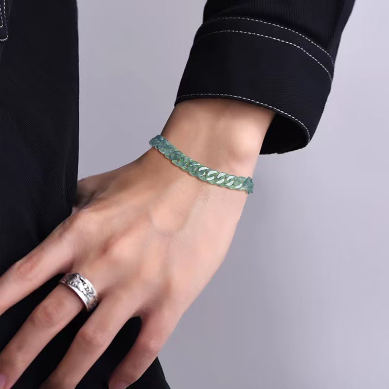 Real Grade A Natural Blue Jadeite Jade Chain Cuban Curb Bracelet 5.9-6inch