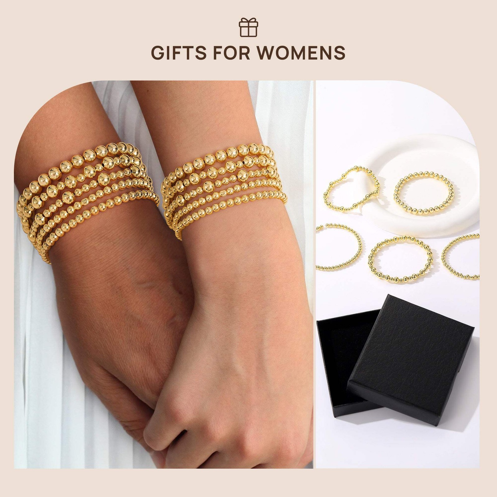 Turandoss 5PCS Gold Stack Pearl Bead Bracelet for Women Girl, Birthday Gift, 7In