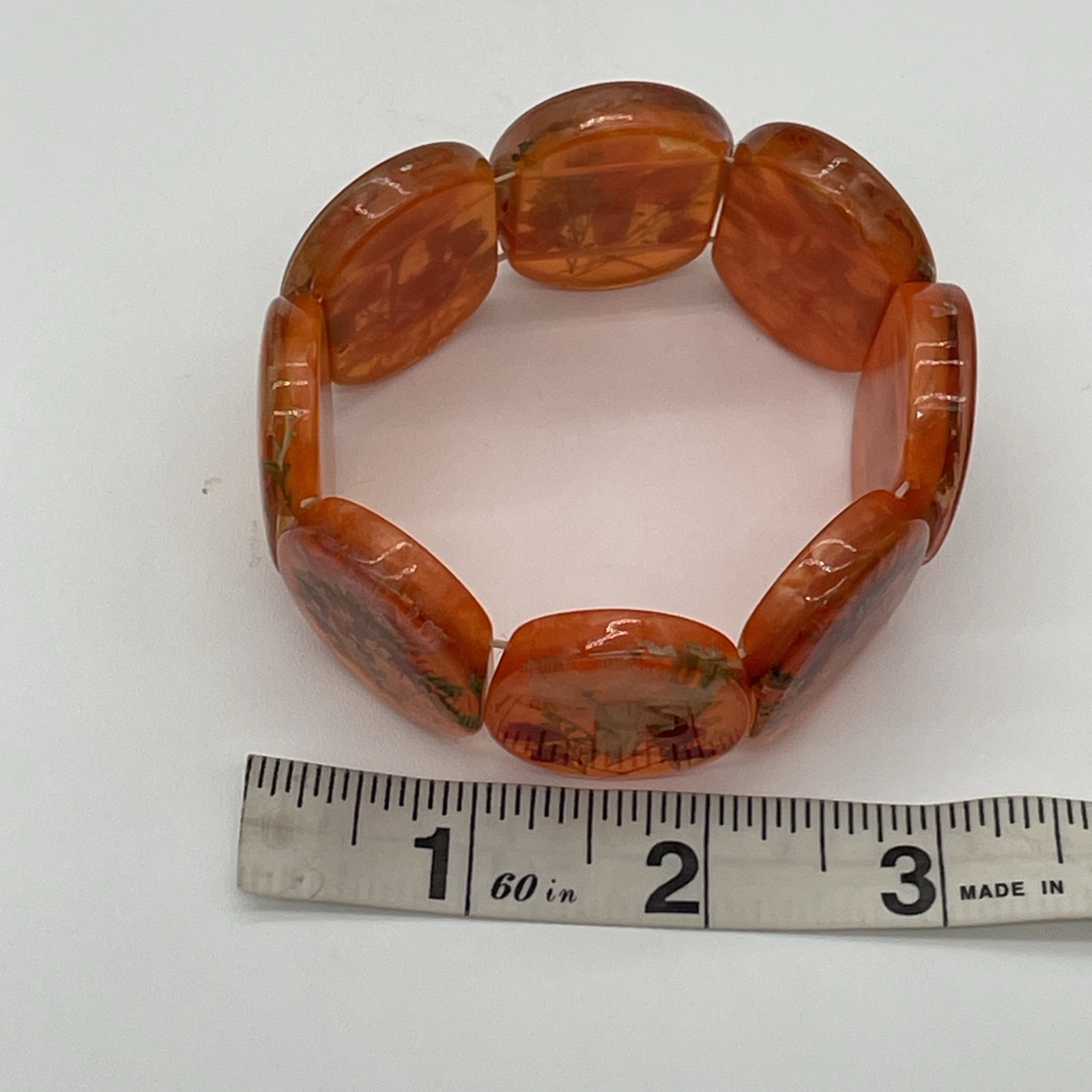 Vintage Style Unbranded Orange Resin Stretch Bracelet With Floral Pressed Design