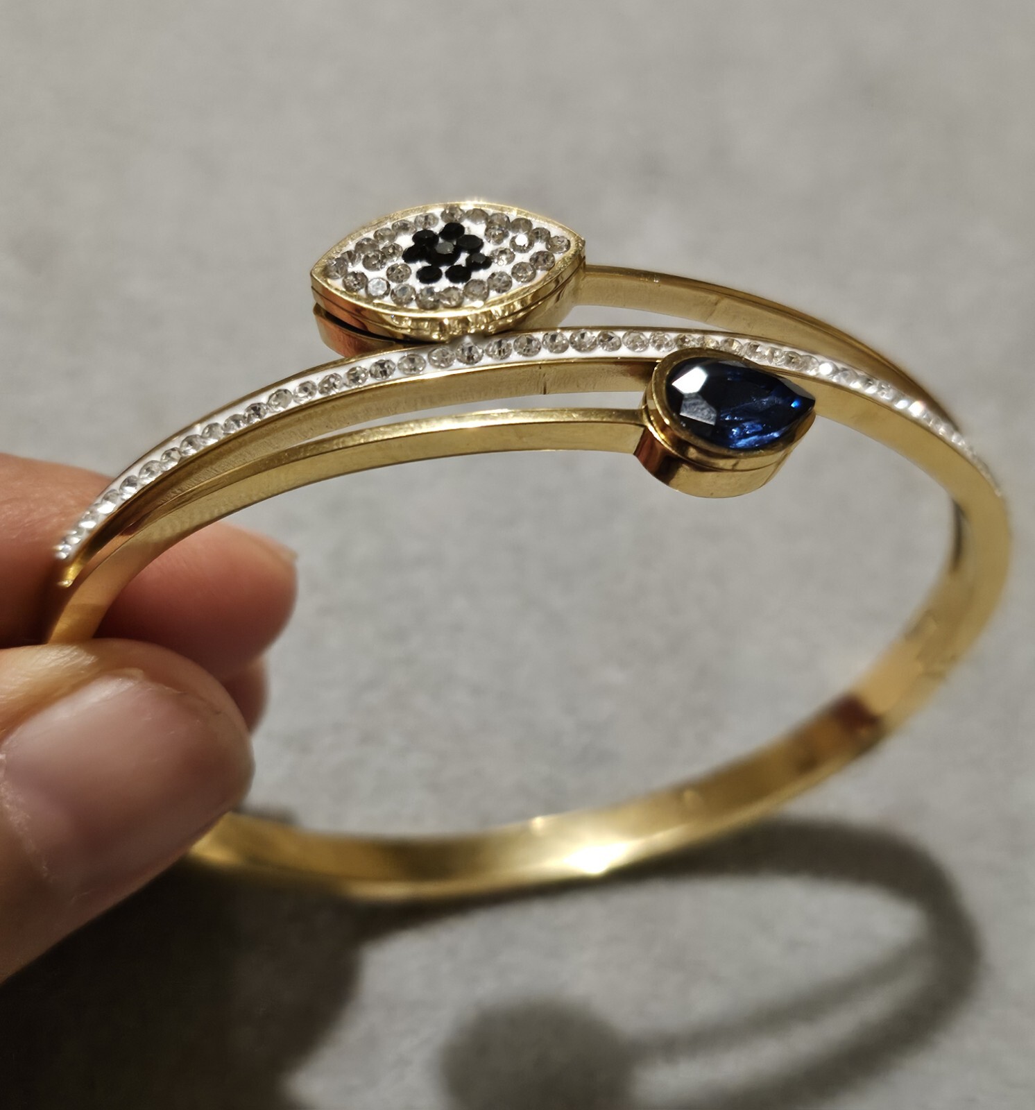 Beautiful Turkish Design Gold Plated Evil Eye Blue Crystals Bangle Bracelet