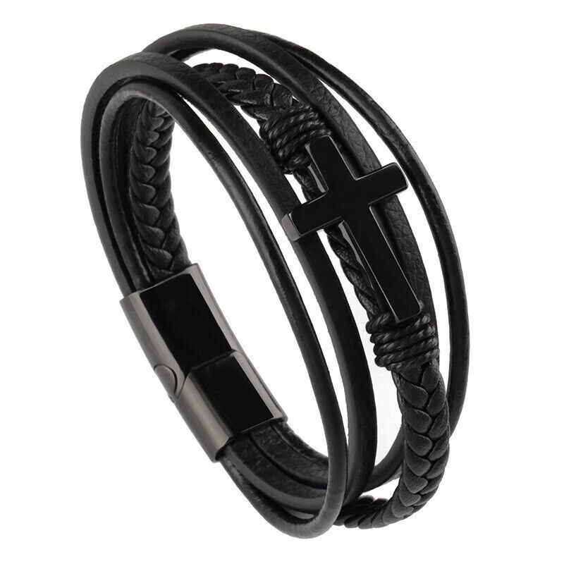 Men’s Leather Bracelet with Stainless Steel Cross Multi Layer Fashion Gift