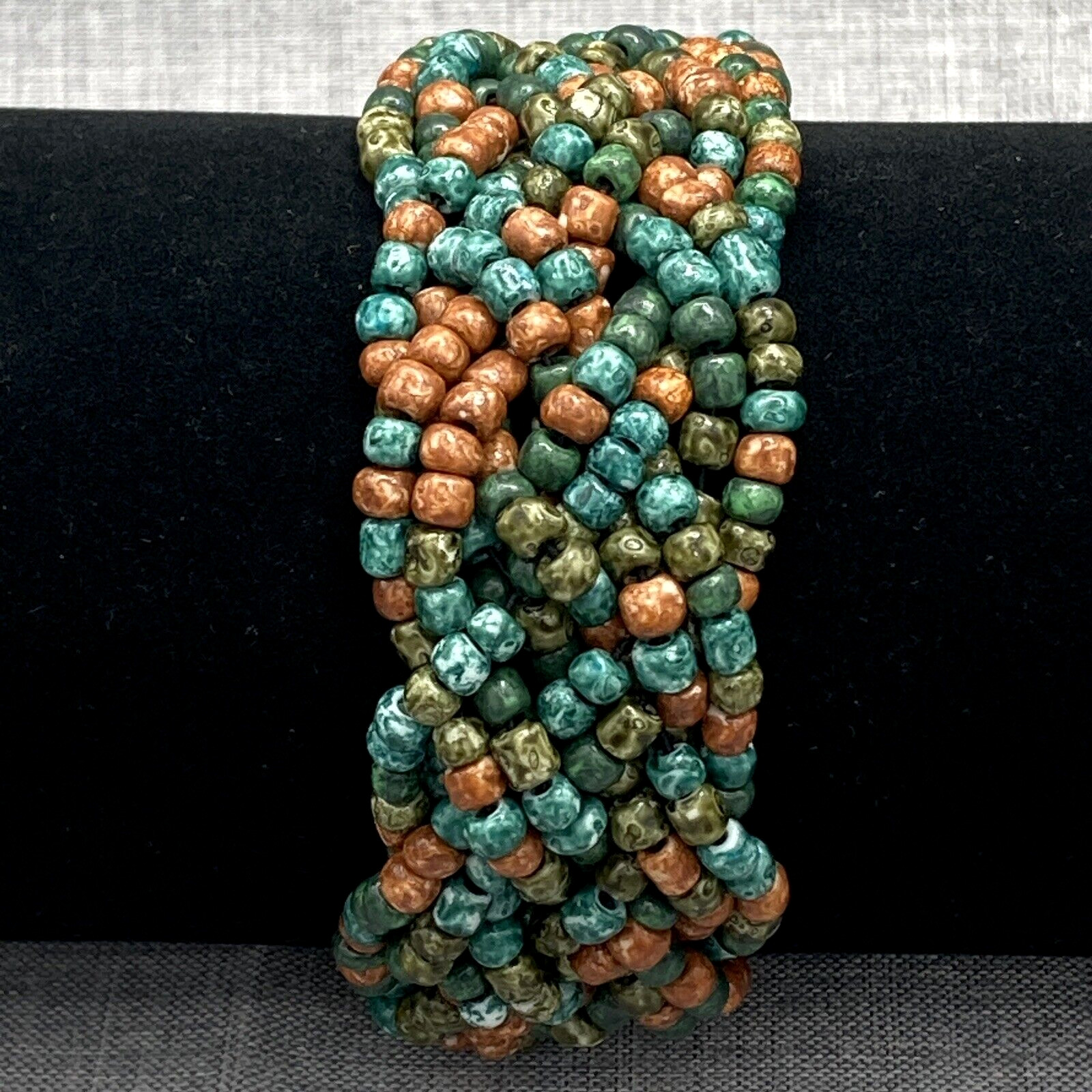 Braided Beaded Multi Band Stretch Bracelet Green Brown Orange