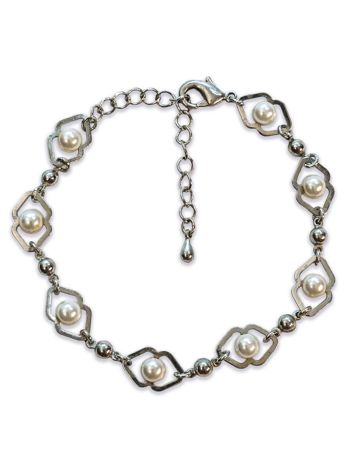 Faux Pearl Silver Tone Link Tennis Bracelet 6.75 in.