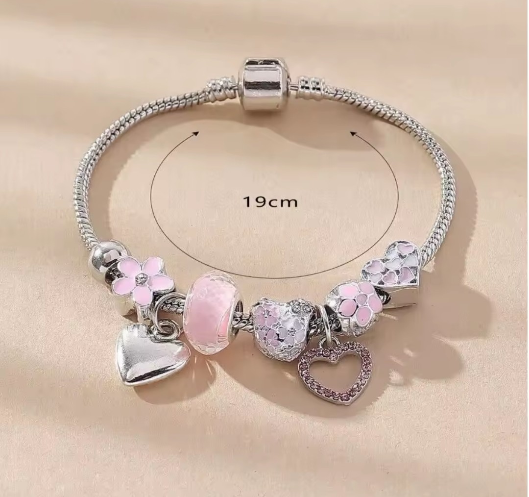 Obega Heart Flower Glass Charm Bracelet Pink White Crystal Adjustable Beaded