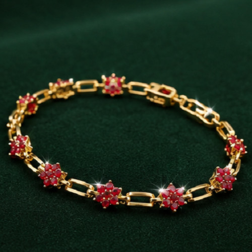 2ct Round Cut Simulated Red Ruby Flower Link Bracelet 14K Yellow Gold Plated7.5″