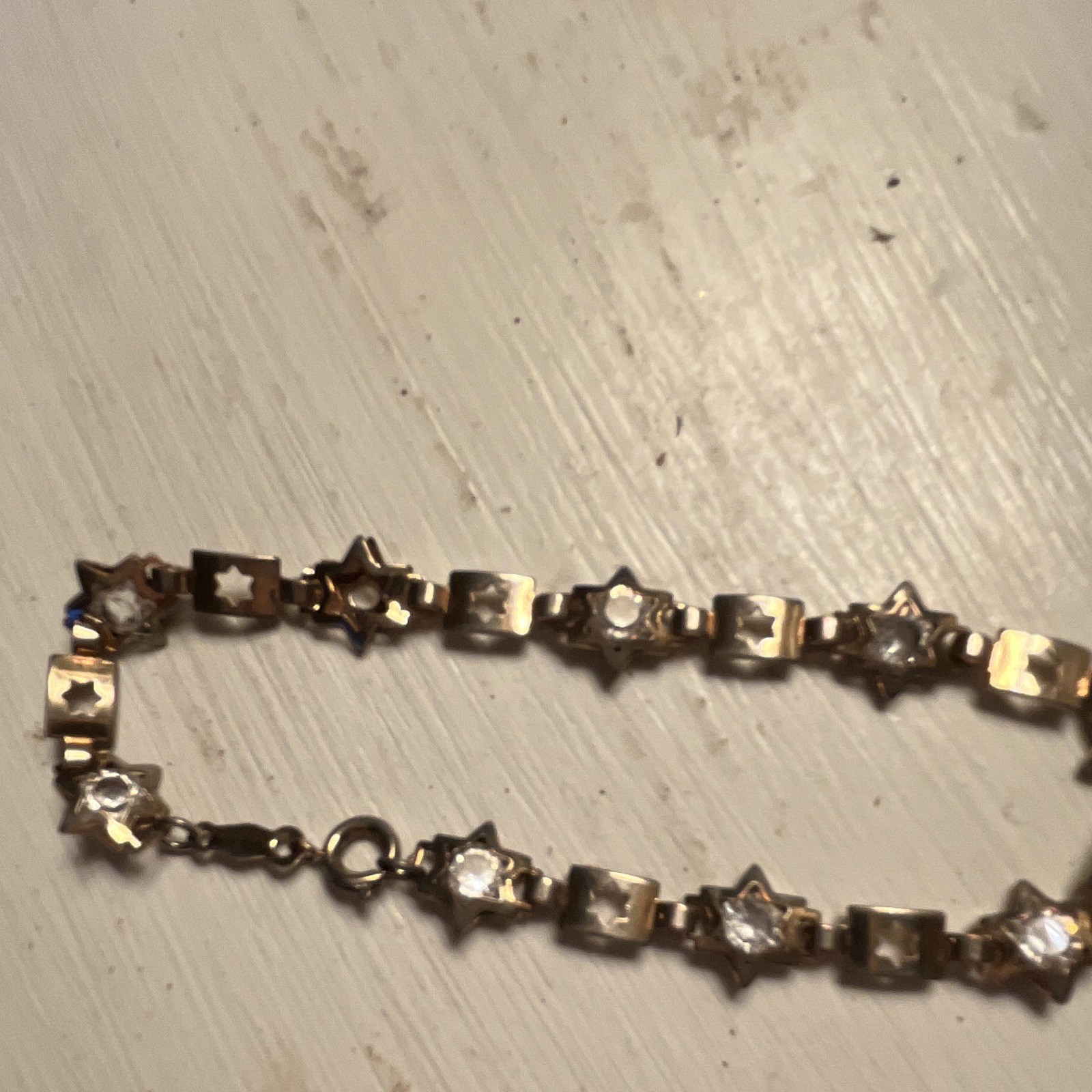 Gold Tone Star Bar Link Chain Bracelet w/ Clear CZ Stones Spring Ring