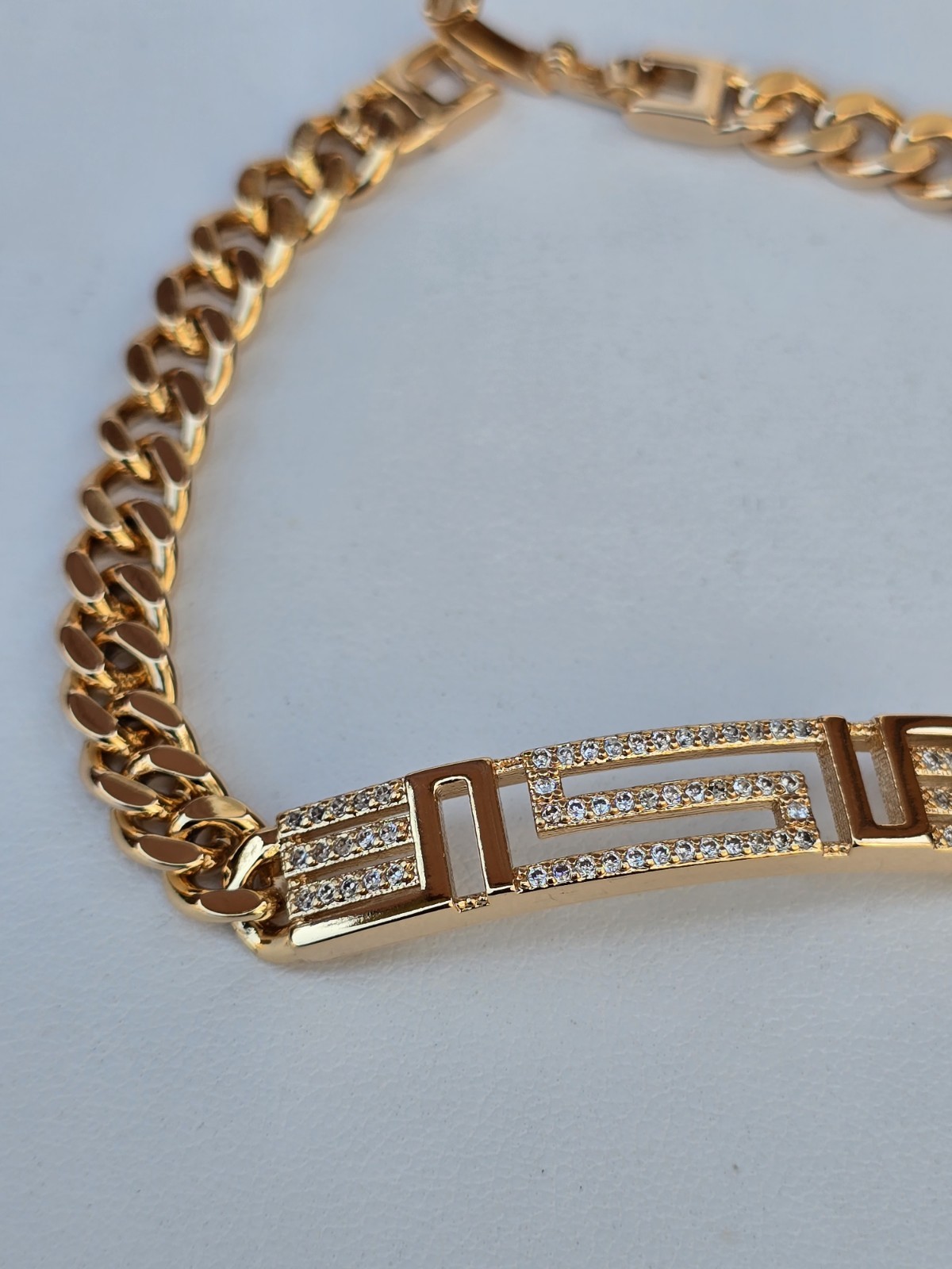 18ct Rose Gold Plated Bar Bracelet Greek Key Cubic Zirconia Adjustable 17+2cm