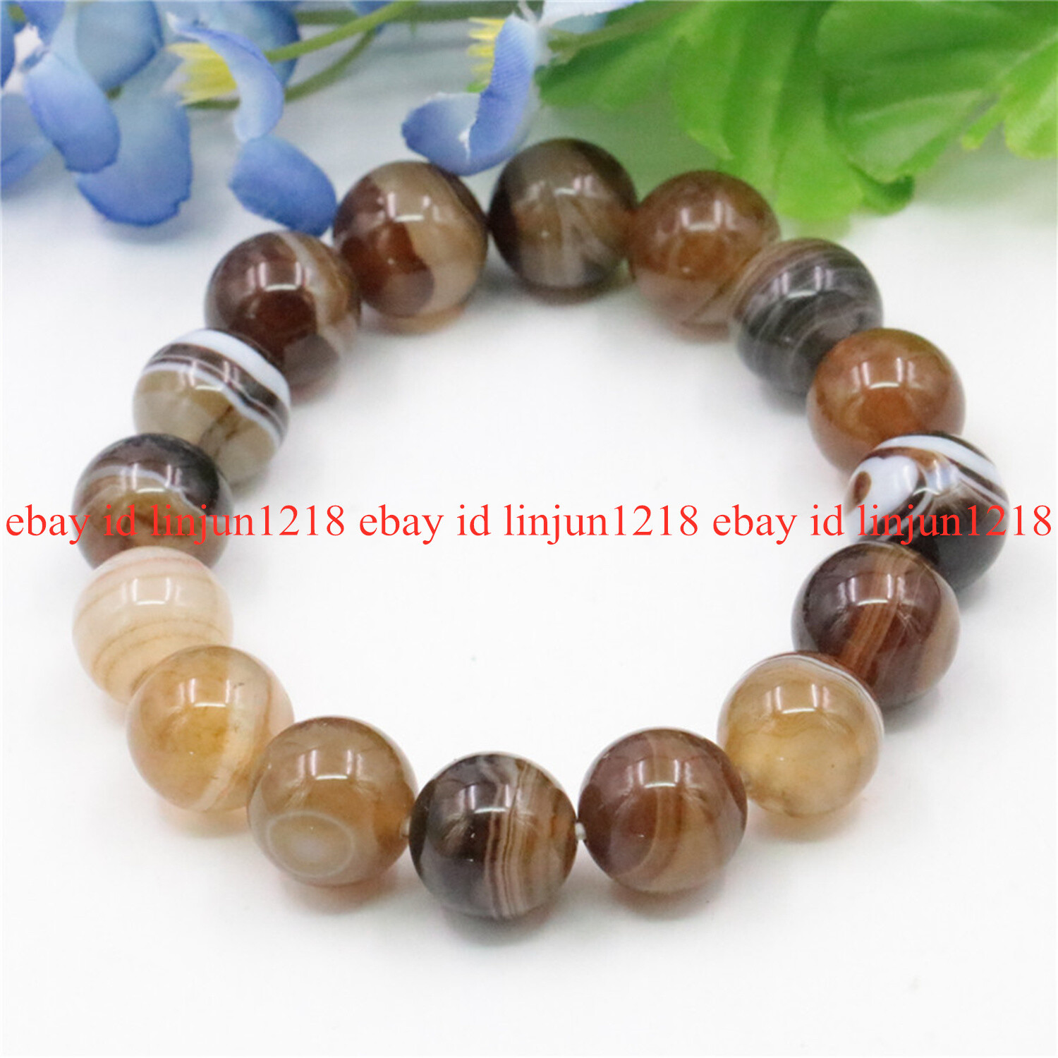 Natural 6/8/10/12mm Brown Striped Agate Round Beads Stretch Bracelet 7.5″