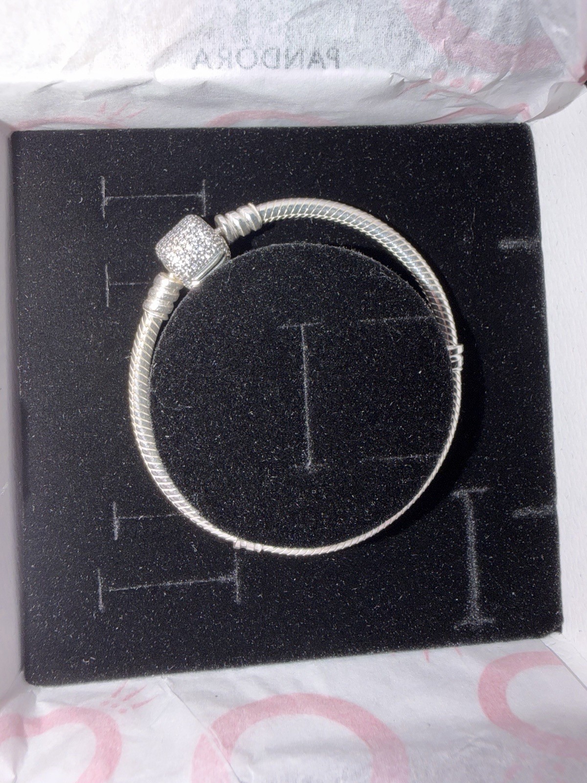 PANDORA Silver Snake Chain Charm Bracelet Pavé Barrel Clasp CZ Stones