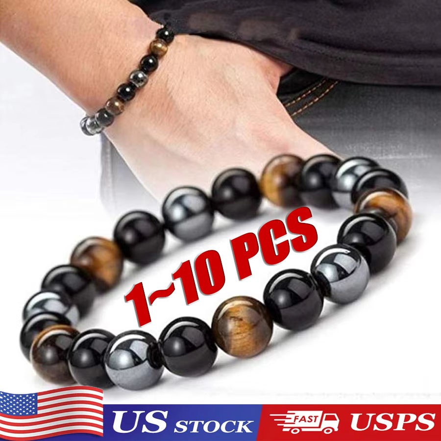 Natural Energy Healing Stretch Bracelet Stone Hematite Tiger Eye for Men Women