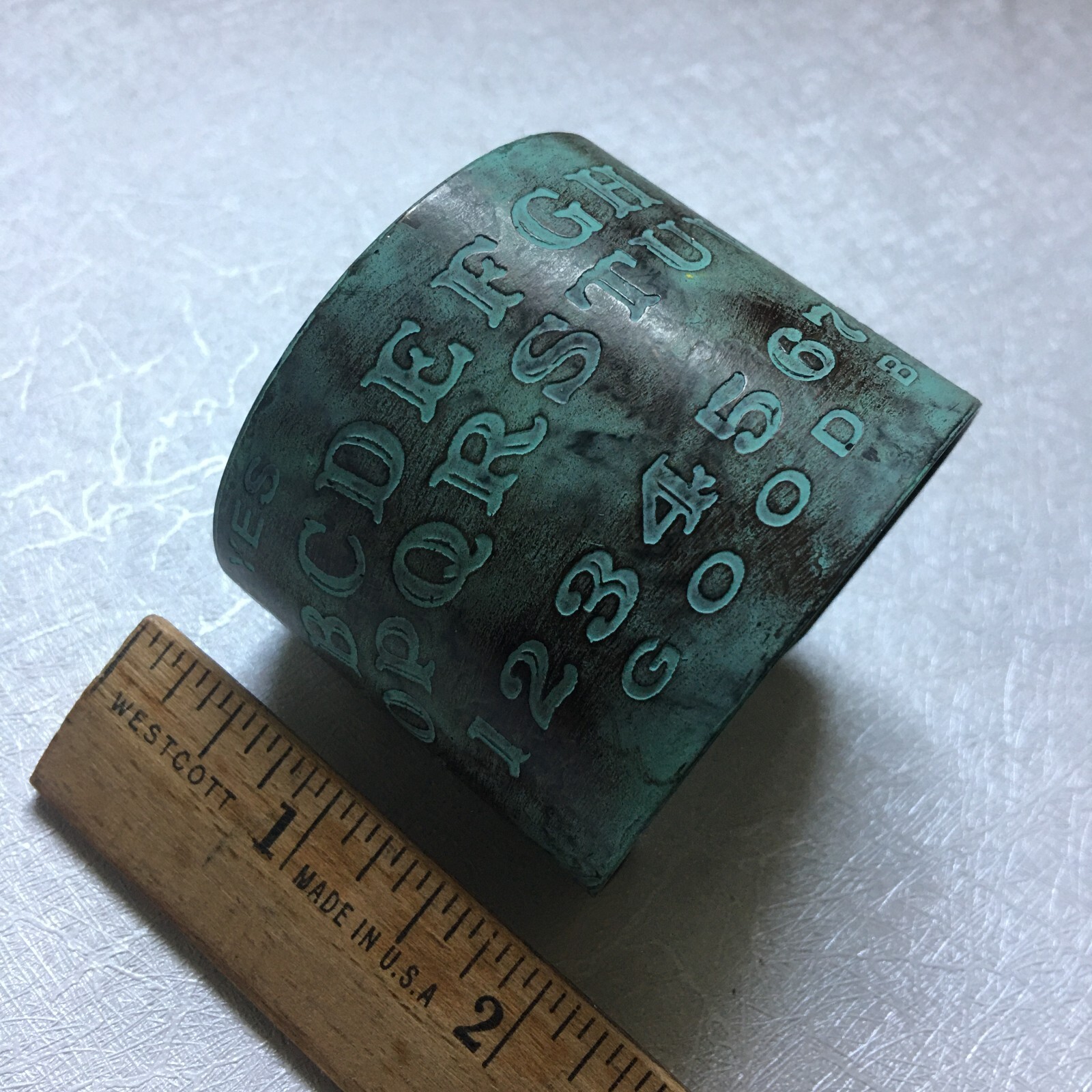 Bronze Rustic Cuff Bracelet Carved Numerical Numbers & Yes No Good Bye Letters