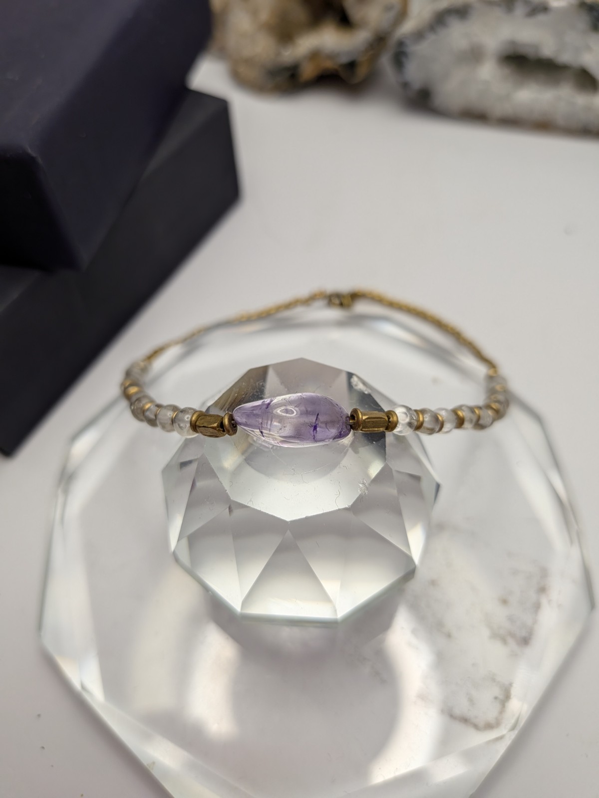 Gold Tone Beaded Bracelet w/ Round Purple Amethyst Center Bead, Spring Ring