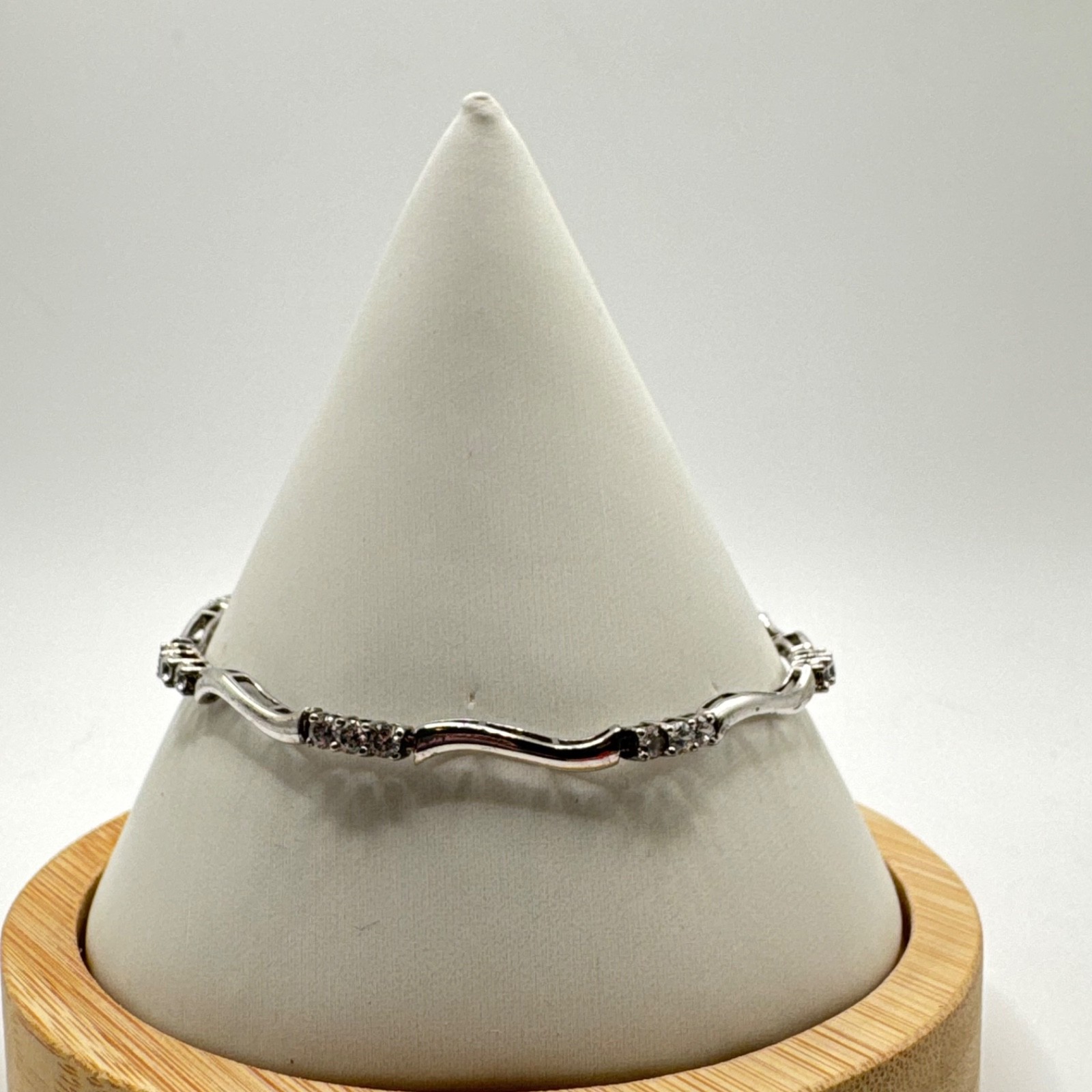 Vintage 925 Sterling Silver Wave Link Bracelet 3-Stone Cluster Clear CZ Accents