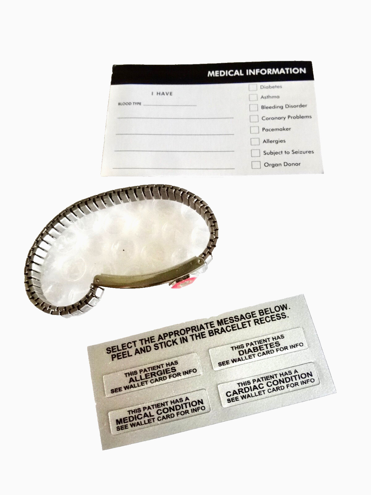 mEDICAL ID BRACELET SILVER TONE UNUSED W/ INFO CARDS LIFE CARE JEWELRY neocurio