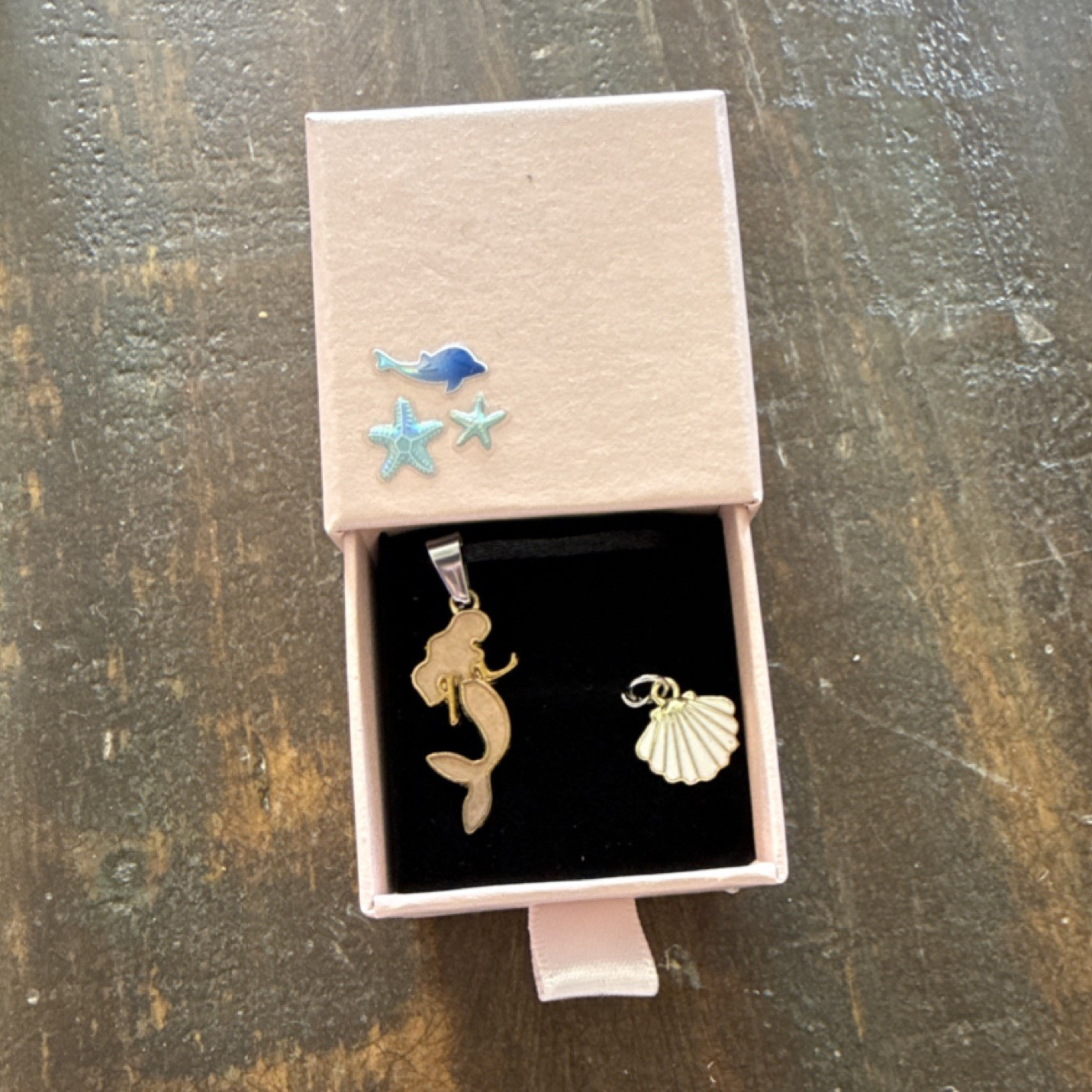 Rose Gold -pink Tone enamel Mermaid nylon corded necklace. No Stone. Handmade